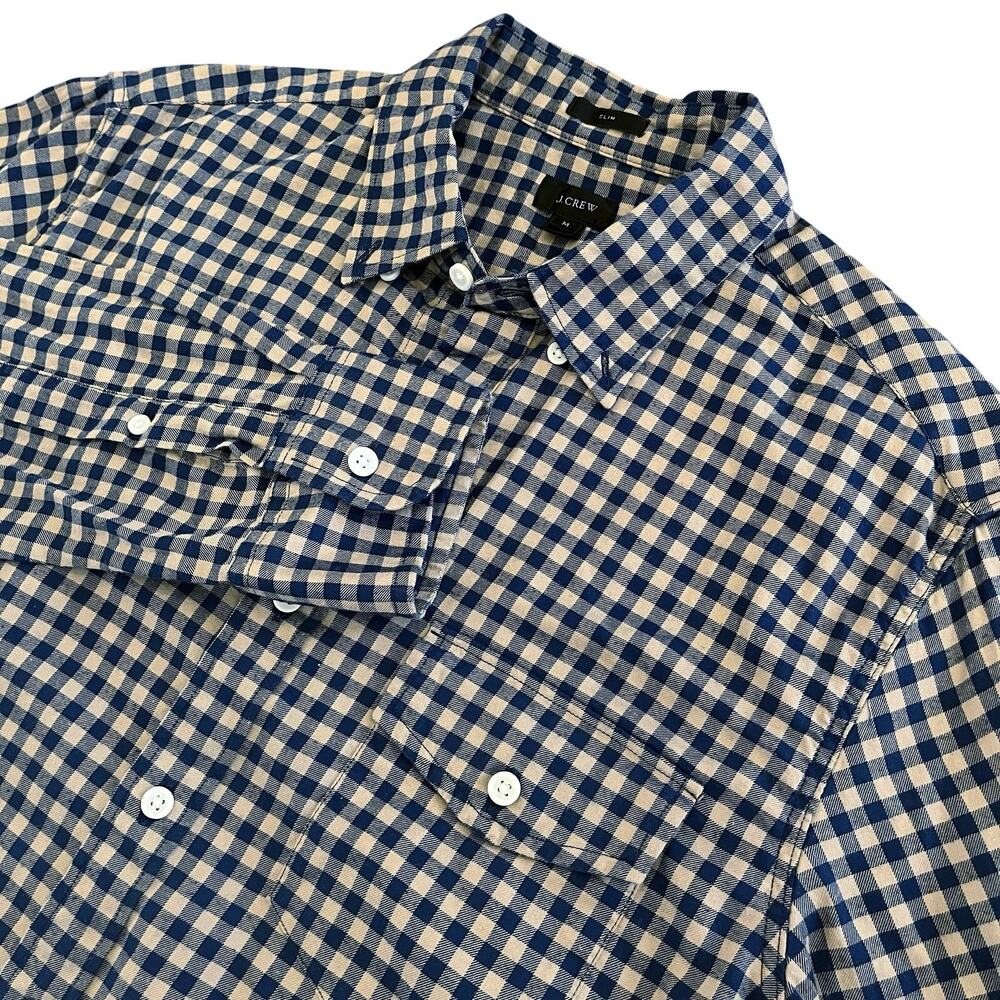 J Crew Mens Gingham Flannel Slim Shirt M Button Down Long Sleeve Navy Tan Preppy